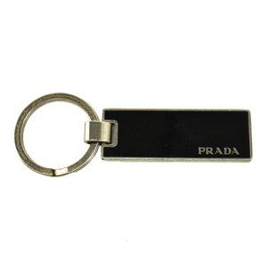 PRADA: Silver Metal & Black Enamel Logo Key Ring